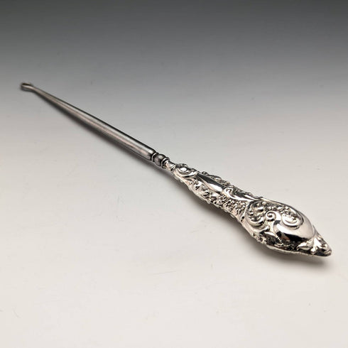 1909 British Antique Pure Silver Handle Shoehorn Button Hook Set in Case J and R Griffin
